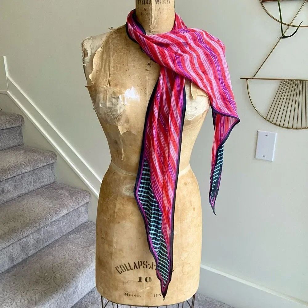 Vintage Anne Klein Silk Parallegram Neck Scarf w/ Striped Southwestern Style Pat